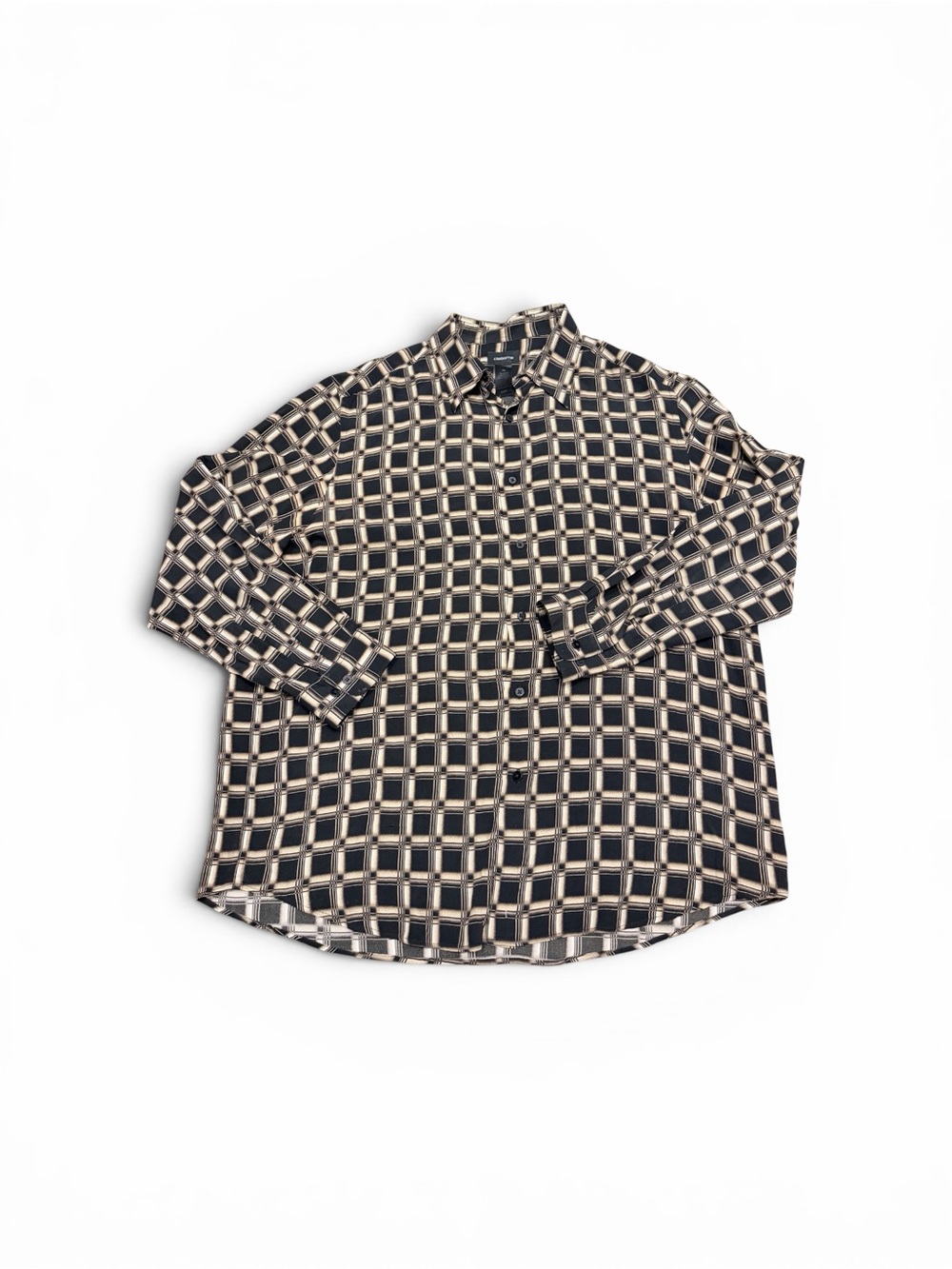 Claiborne Men's 100% Rayon Black & Cream Plaid Button-Up Shirt
